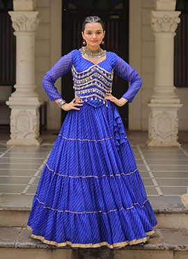 Blue Faux Georgette Leheriya Print Gota Patti Skirt Set Festive Wear