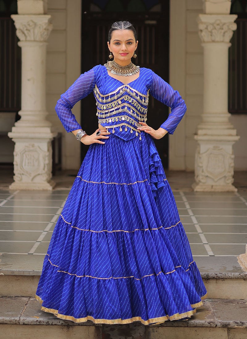 Blue Faux Georgette Leheriya Print Gota Patti Skirt Set