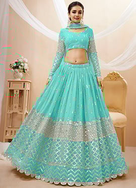 Blue Faux Georgette Mirror Work Umbrella Lehenga