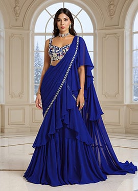 Blue Faux Georgette Moti Sequins Hand Embroidered Lehenga Saree