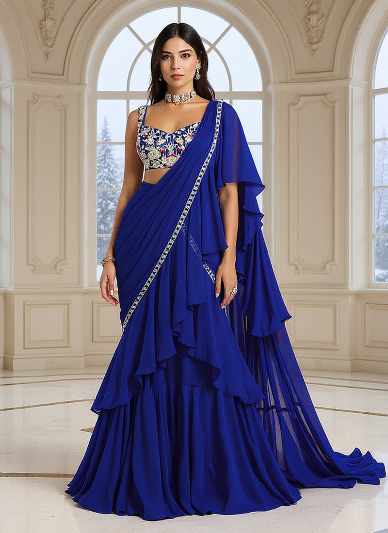 Blue Faux Georgette Moti Sequins Hand Embroidered Lehenga Saree Wedding Wear