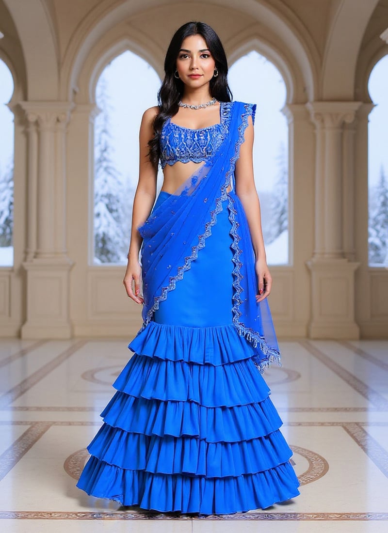 Blue Faux Georgette Poth Cutdana Mirror Hand Embroidered Lehenga Saree Wedding Wear
