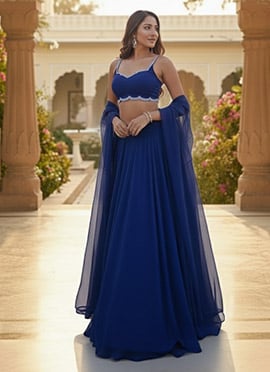 Blue Faux Georgette Poth Work Lehenga
