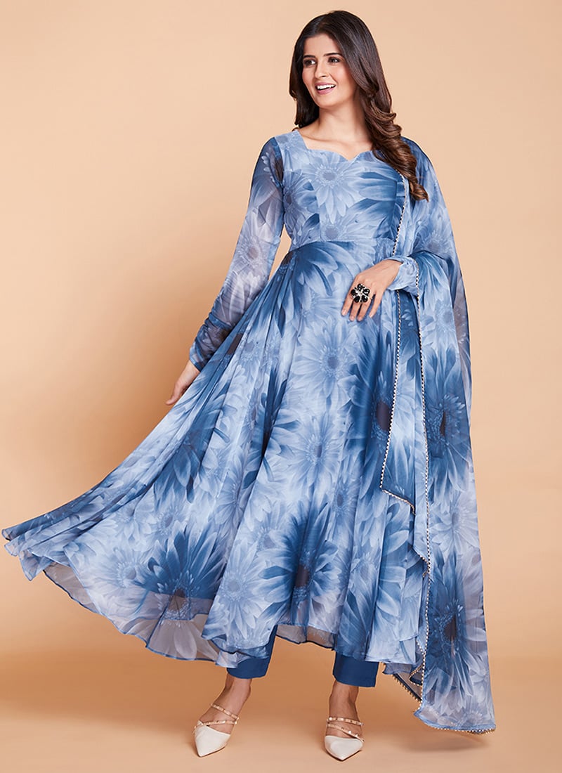 Blue Faux Georgette Printed Anarkali Suit After Six Wear