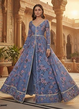 Blue Faux Georgette Printed High Slit Anarkali Suit