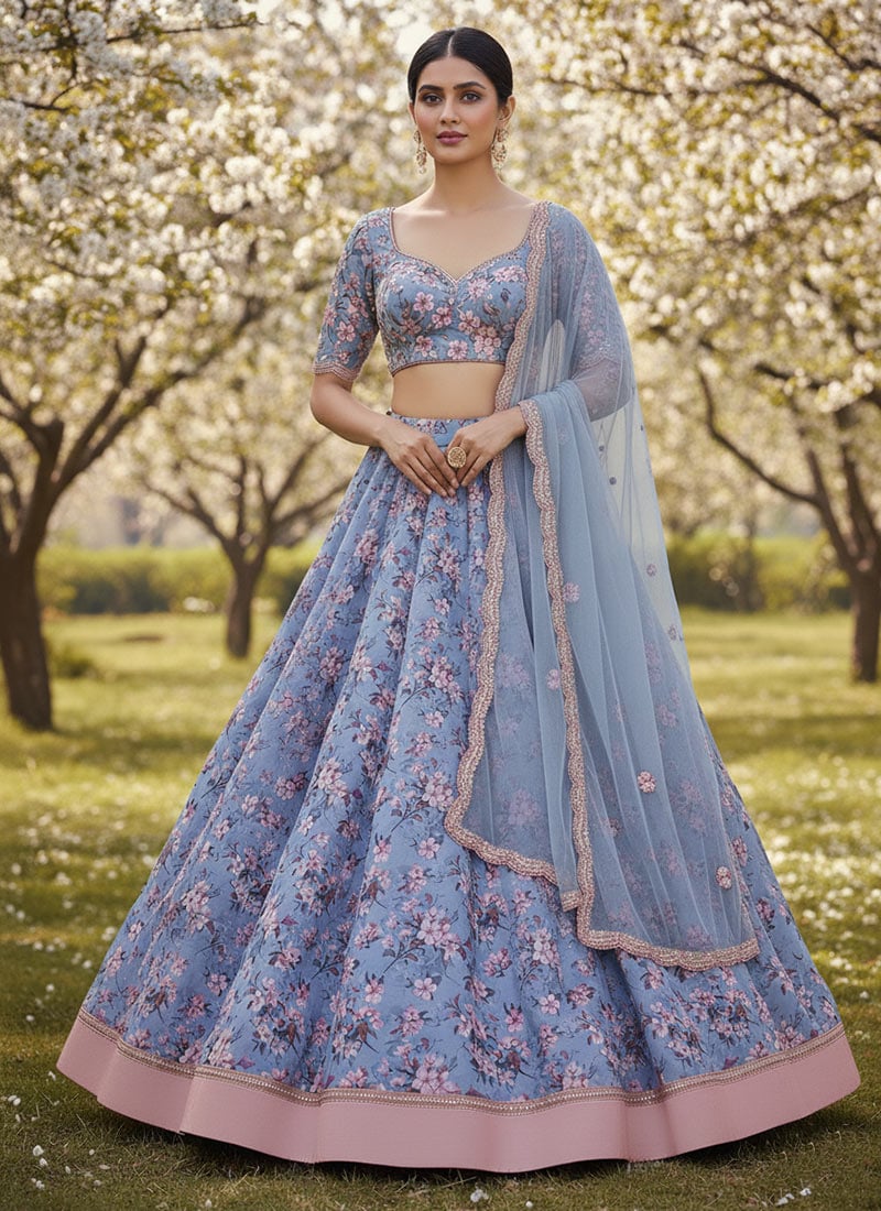 Blue Faux Georgette Printed Lehenga Festive Wear
