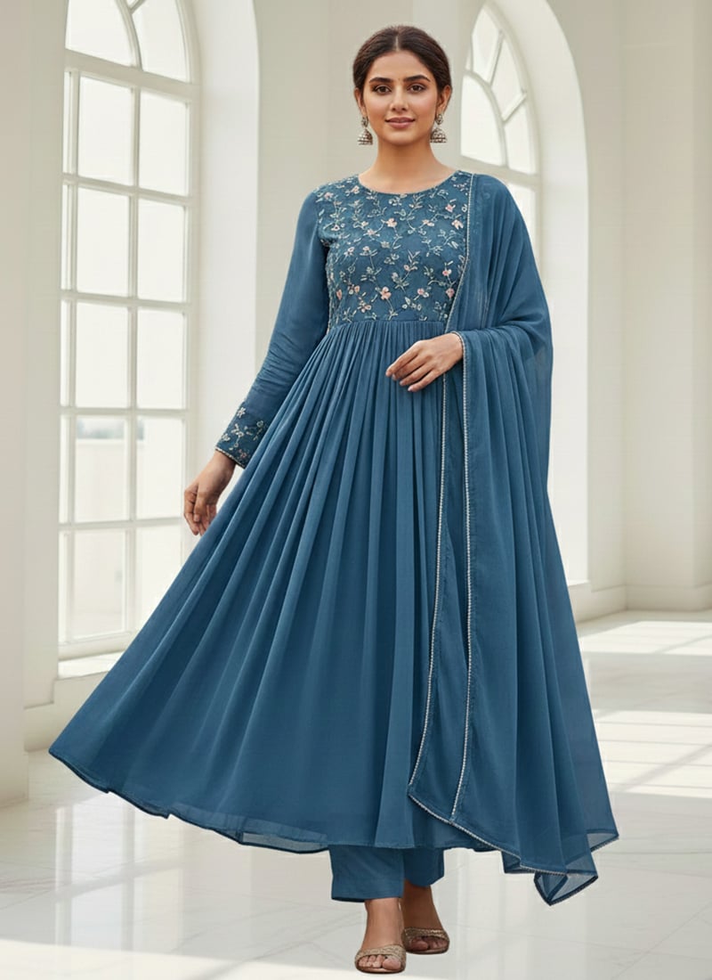 Blue Faux Georgette Resham Anarkali Suit Festive Wear