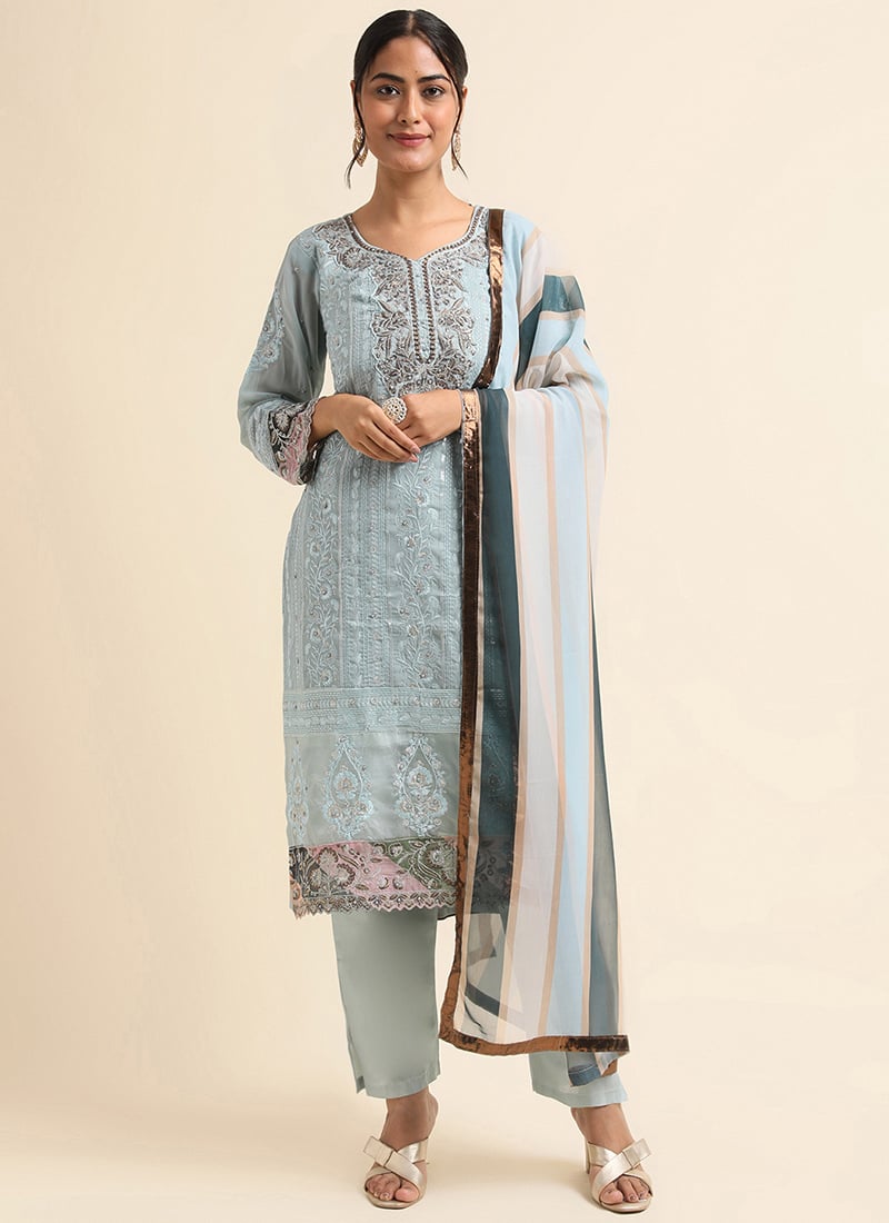 Blue Faux Georgette Resham and Zari Straight Pant Suit Party Wear