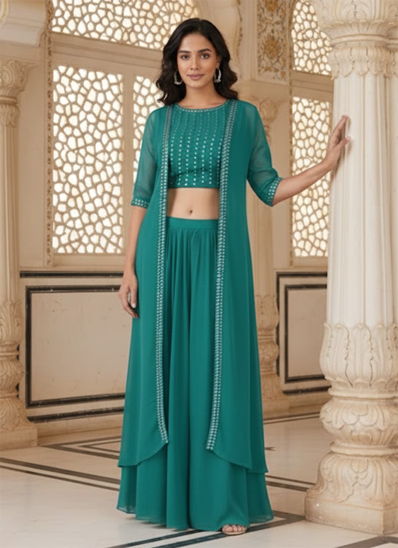 Blue Faux Georgette Resham Foil Work Indowestern Set After Six Wear