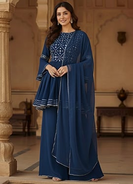 Blue Faux Georgette Resham Mirror Work Hand Embroidered Palazzo Suit