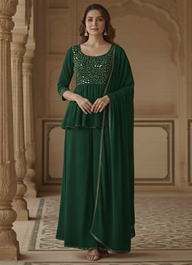 Blue Faux Georgette Resham Sequins Foil Mirror Work Palazzo Suit