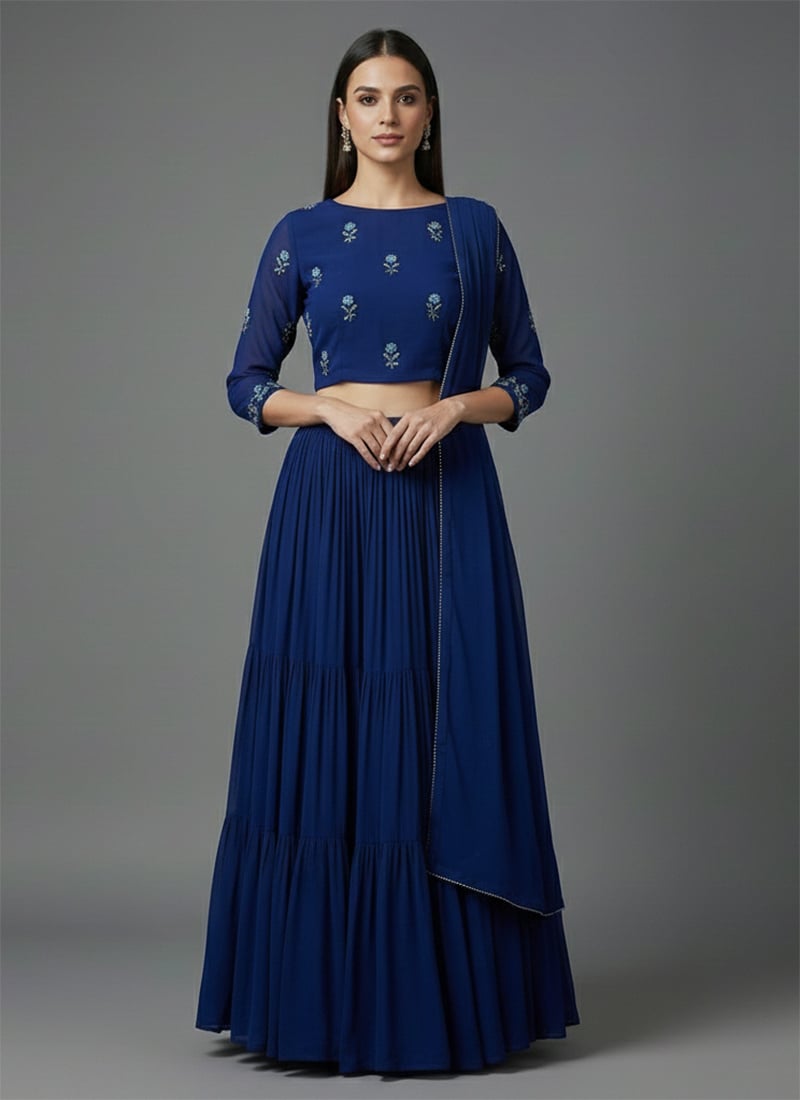 Blue Faux Georgette Resham Stones Lehenga Festive Wear