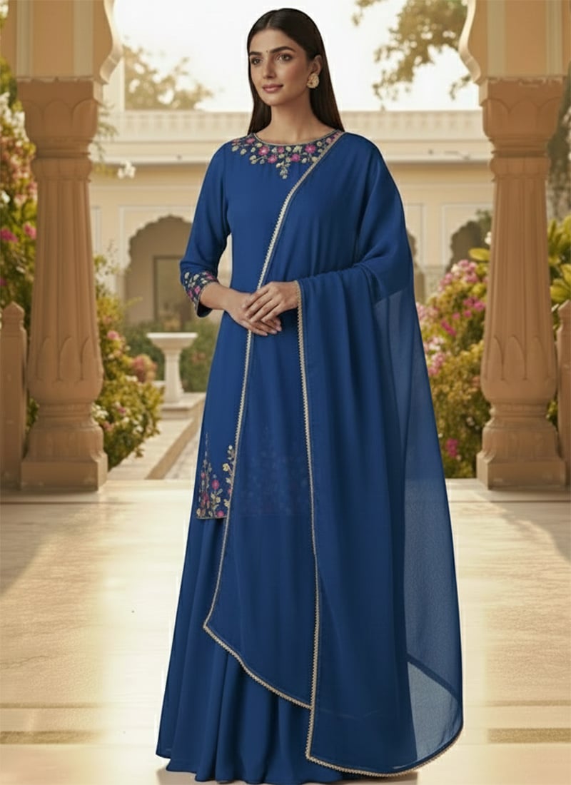 Blue Faux Georgette Resham Stones Long Choli Lehenga Festive Wear