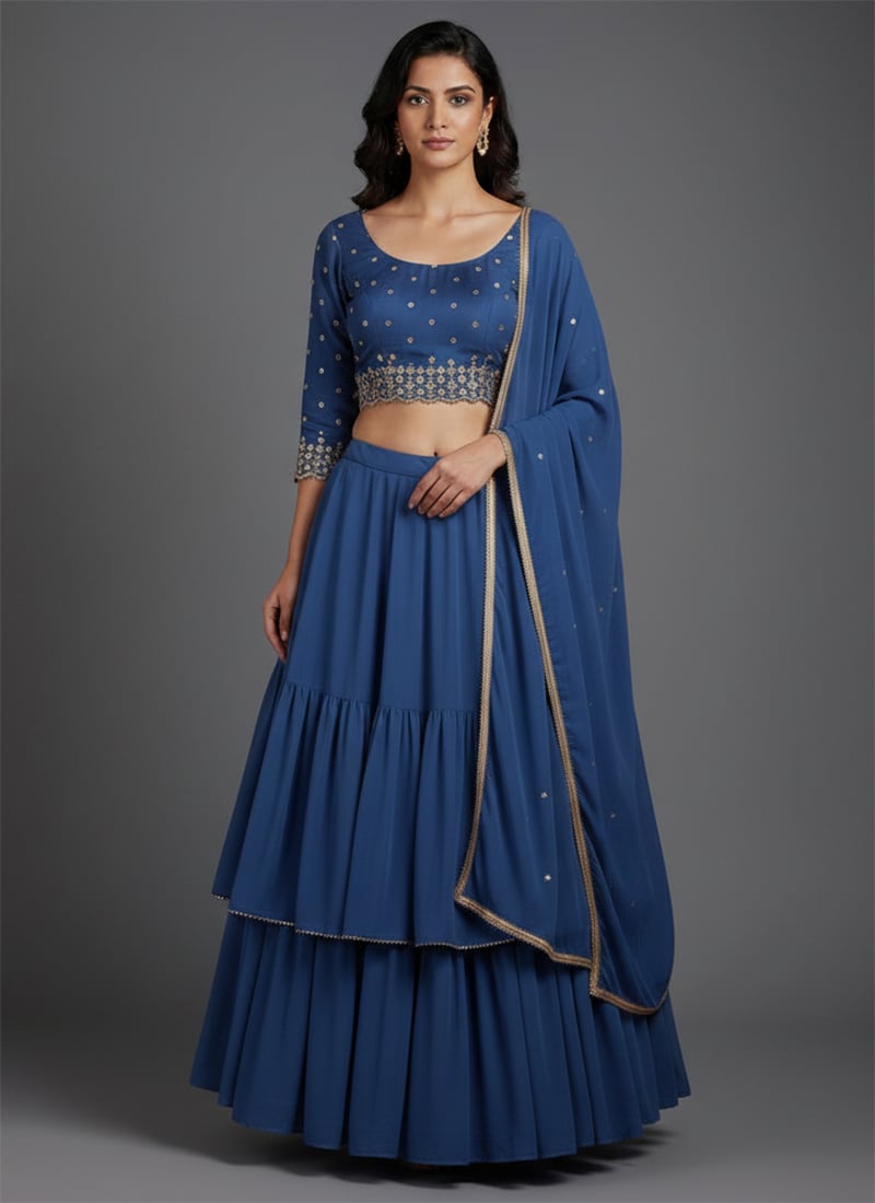Blue Faux Georgette Resham Zari Work Lehenga Wedding Wear