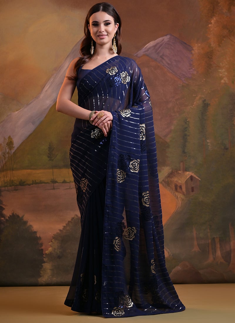 Blue Faux Georgette Saree With Sequins And Embroidery After Six Wear