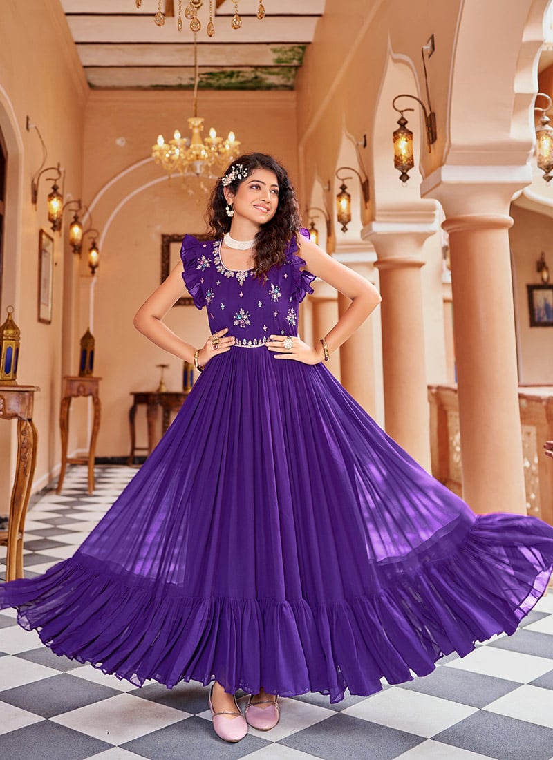 Blue Faux Georgette Sequins Embroidered Anarkali Gown Festive Wear