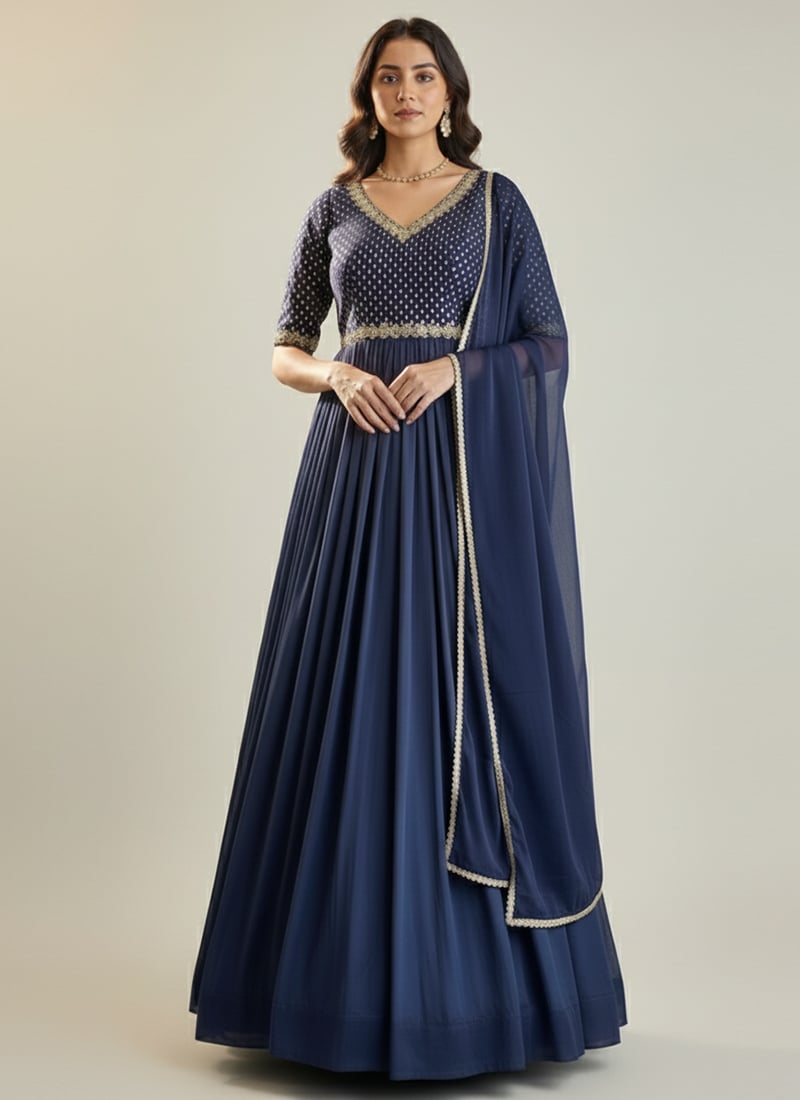 Blue Faux Georgette Sequins Embroidered Anarkali Suit Festive Wear