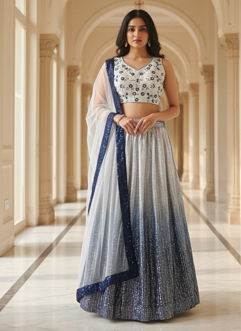 Blue Faux Georgette Sequins Embroidered Lehenga Choli Wedding Wear