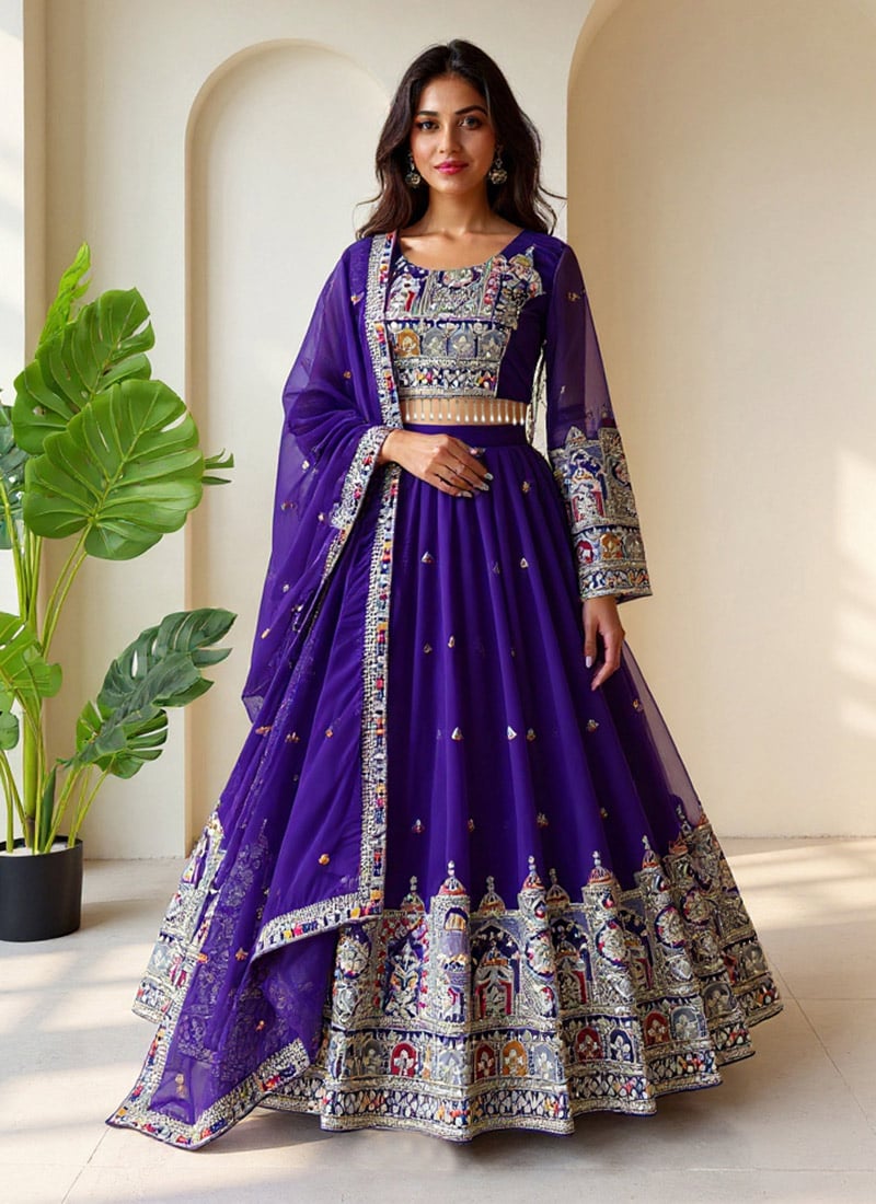 Blue Faux Georgette Sequins Embroidered Lehenga Wedding Wear