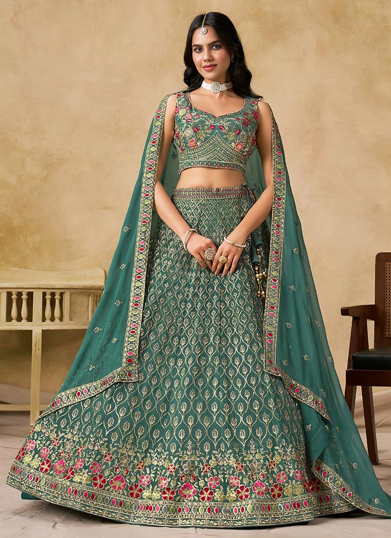 Blue Faux Georgette Sequins Embroidered Zari Thread Umbrella Lehenga Wedding Wear