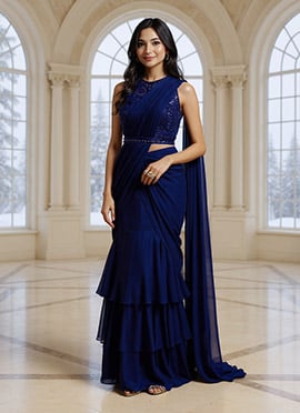 Blue Faux Georgette Sequins Hand Embroidered Lehenga Saree