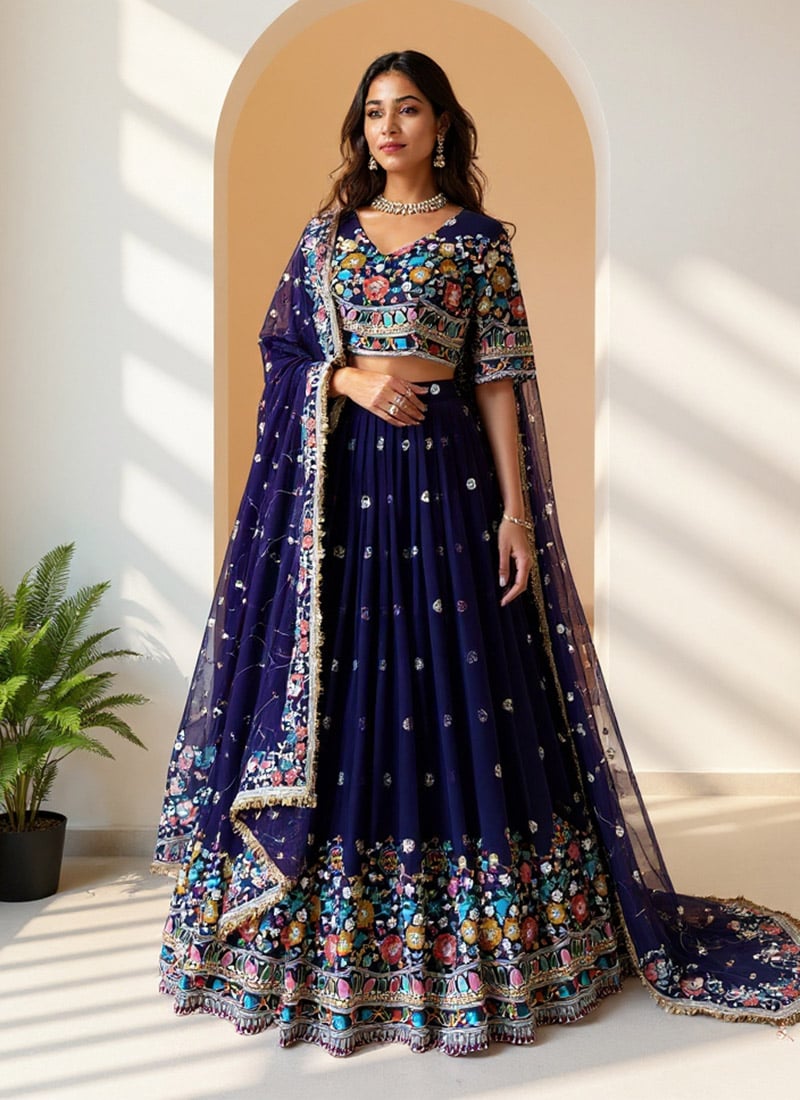 Blue Faux Georgette Sequins Lehenga Wedding Wear