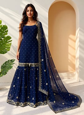 Blue Faux Georgette Sequins Sharara Suit