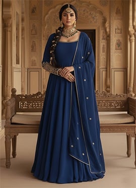 Blue Faux Georgette Sequins Zari Abaya Style Anarkali Suit