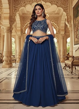 Blue Faux Georgette Sequins Zari Stones Work Lehenga