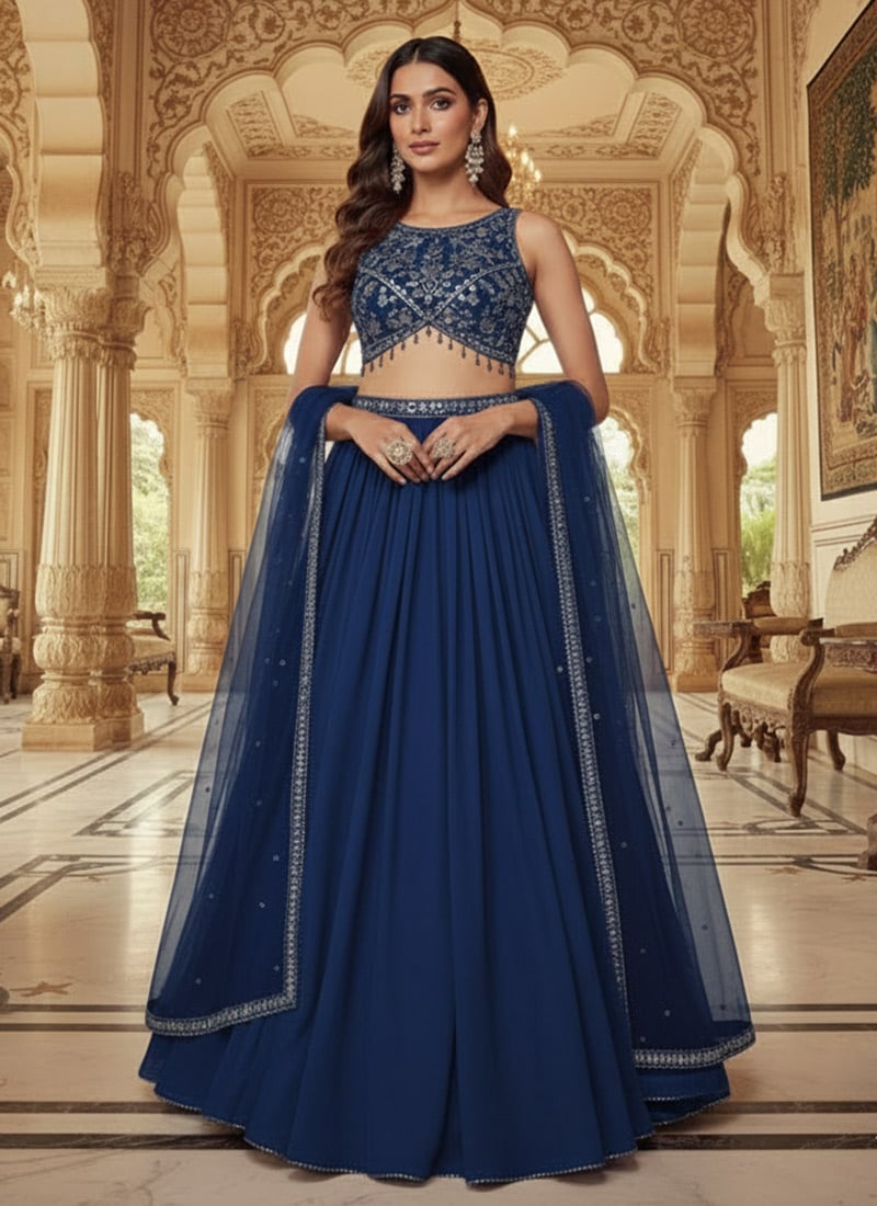 Blue Faux Georgette Sequins Zari Stones Work Lehenga Wedding Wear