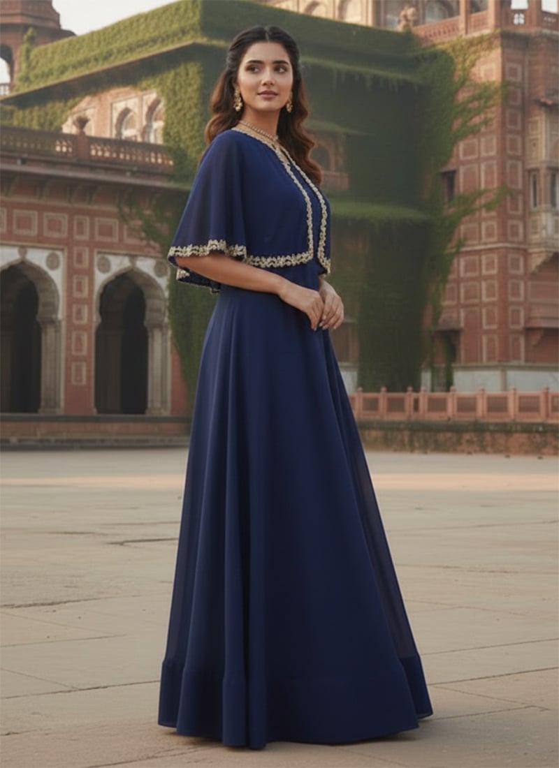 Blue Faux Georgette Stones Poth Work Gown After Six Wear