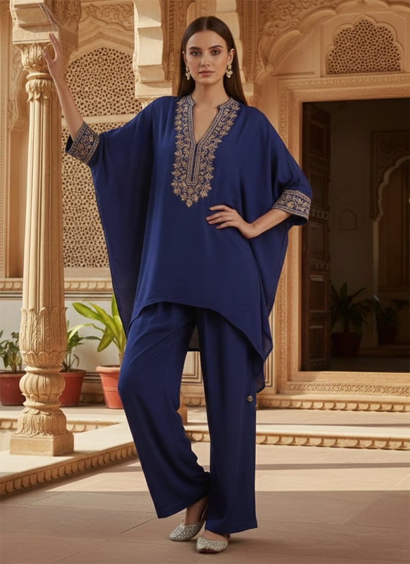 Blue Faux Georgette Stones Zari Rangoli Indowestern Set After Six Wear