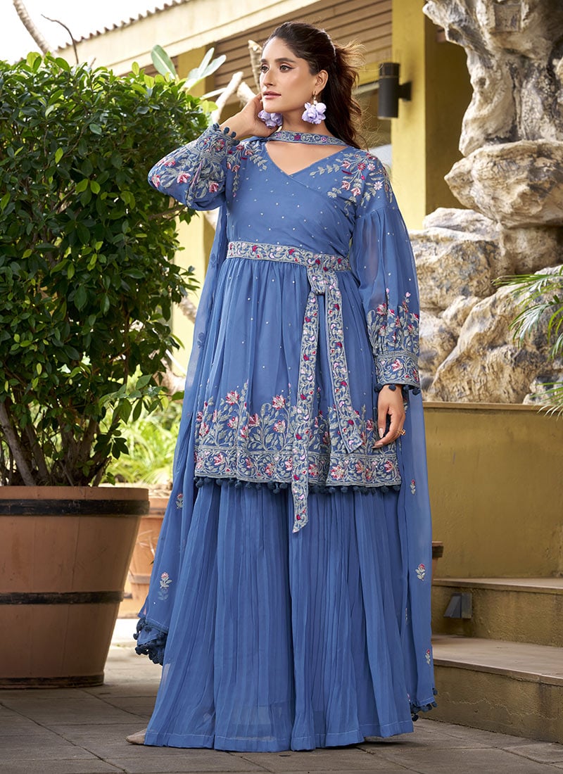 Blue Faux Georgette Zari And Embroidered Sequins Palazzo Suit Festive Wear