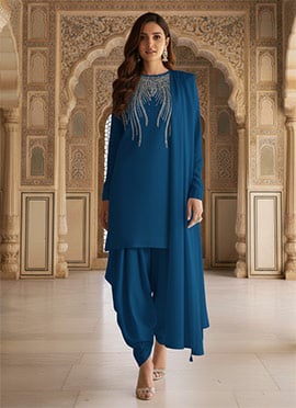 Blue Faux Georgette Zari Beads Work Dhoti Style Salwar Suit