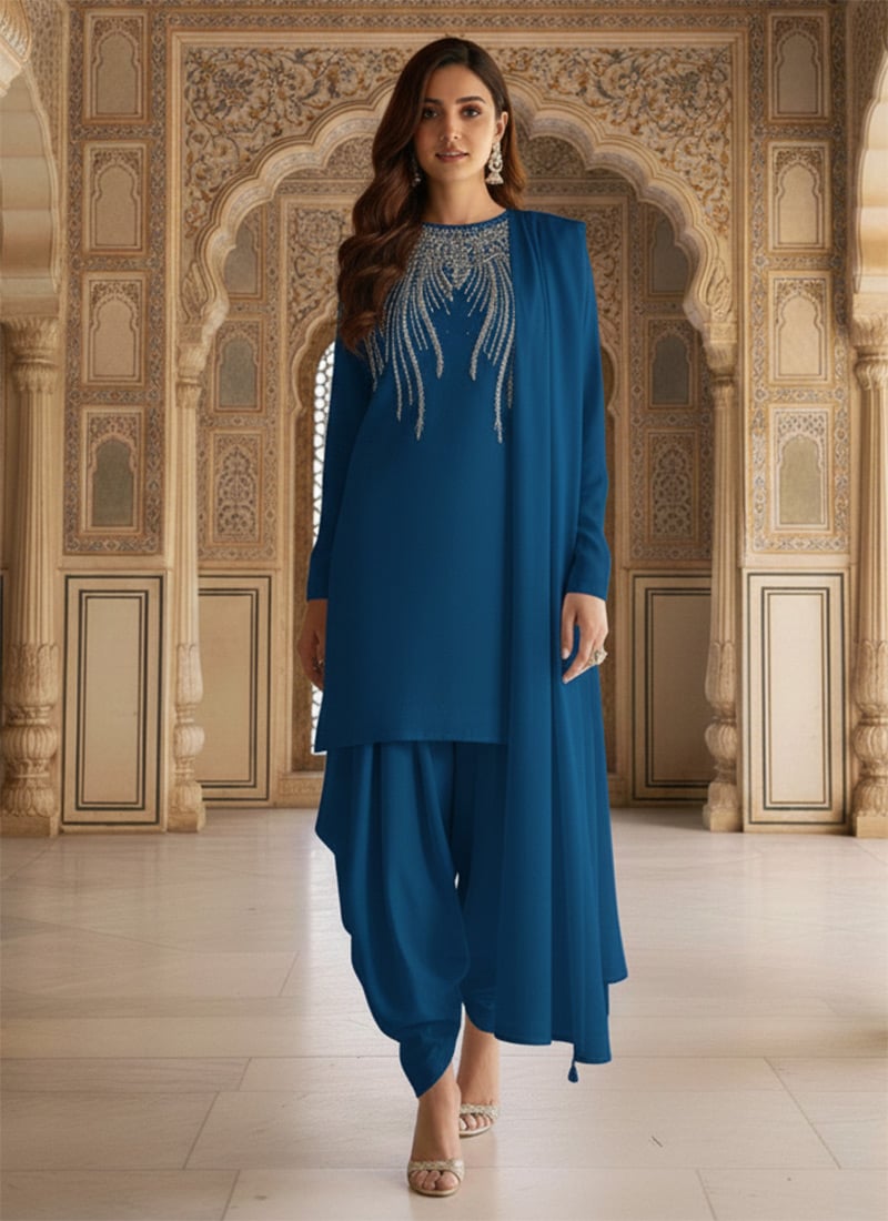 Blue Faux Georgette Zari Beads Work Dhoti Style Salwar Suit Festive Wear