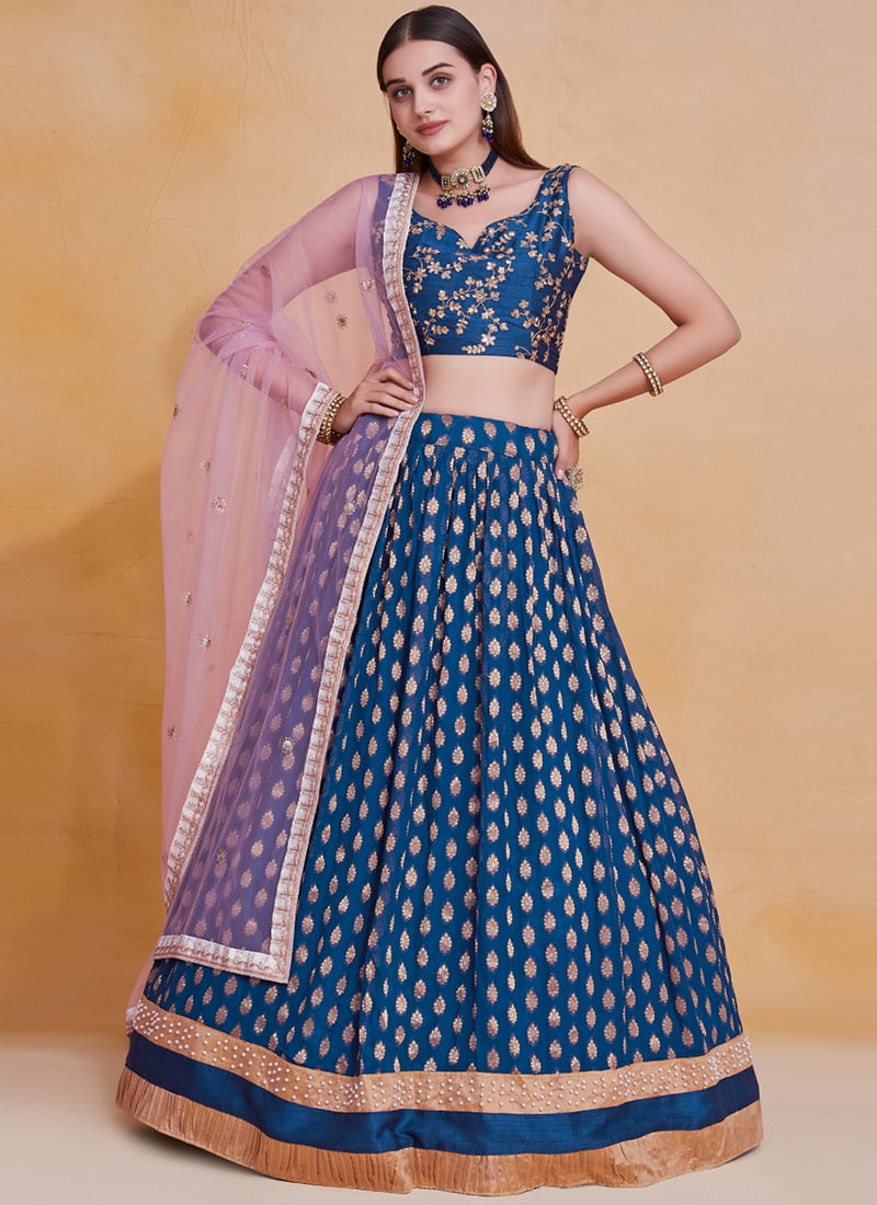 Blue Faux Georgette Zari Embroidered Graceful Lehenga Wedding Wear