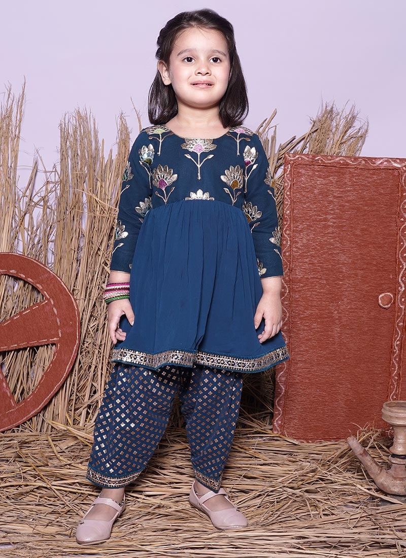 Blue Faux Georgette Zari Embroidered Kids Girls Stylish Straight Pant Set