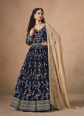 Blue Faux Georgette Zari Embroidered Sequins Anarkali Suit