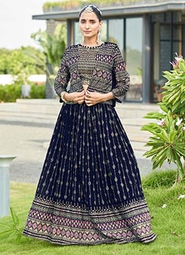 Blue Faux Georgette Zari Embroidered Sequins Jacket Skirt Set