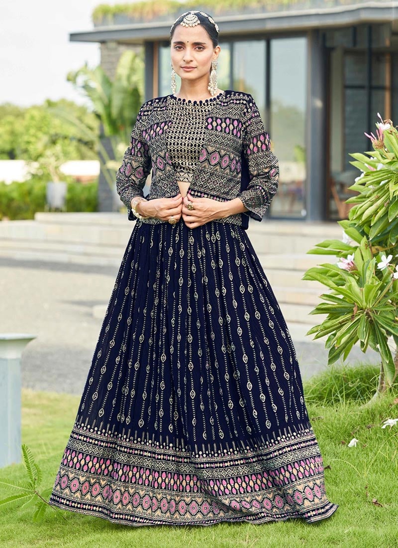 Blue Faux Georgette Zari Embroidered Sequins Jacket Skirt Set Wedding Wear