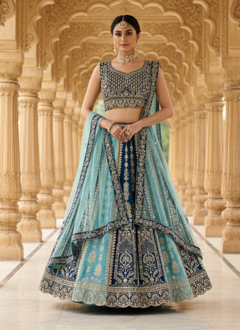 Blue Faux Georgette Zari Embroidered Sequins Lehenga Wedding Wear