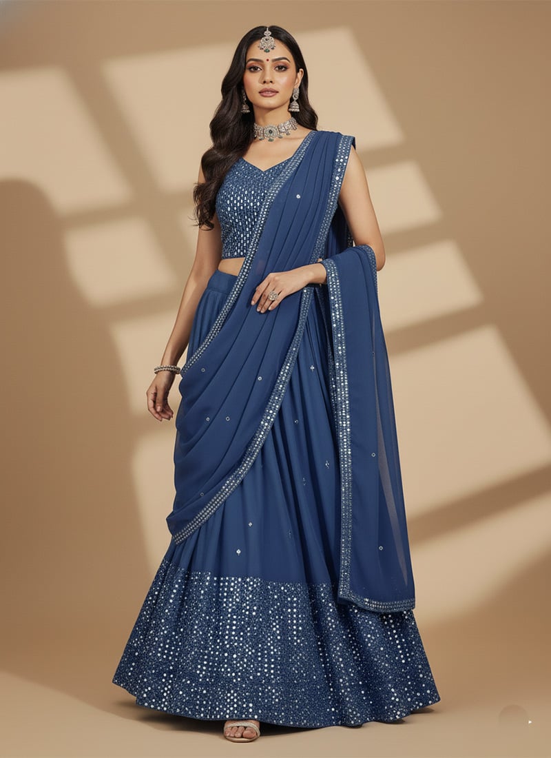 Blue Faux Georgette Zari Embroidered Sequins Lehenga Festive Wear