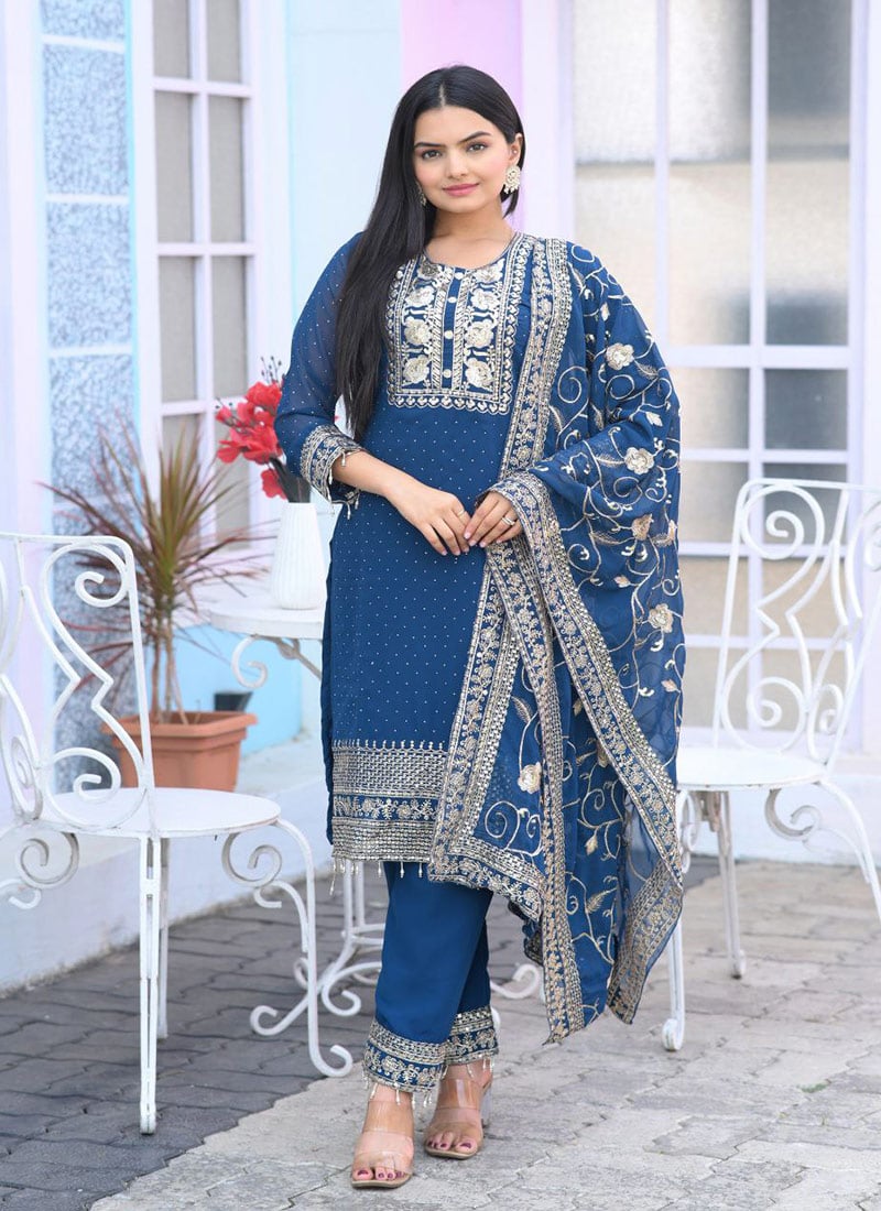 Blue Faux Georgette Zari Embroidered Sequins Straight Pant Suit Festive Wear