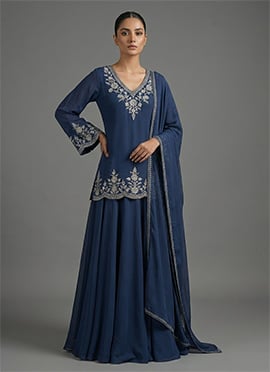 Blue Faux Georgette Zari Foil Embroidered A Line Lehenga