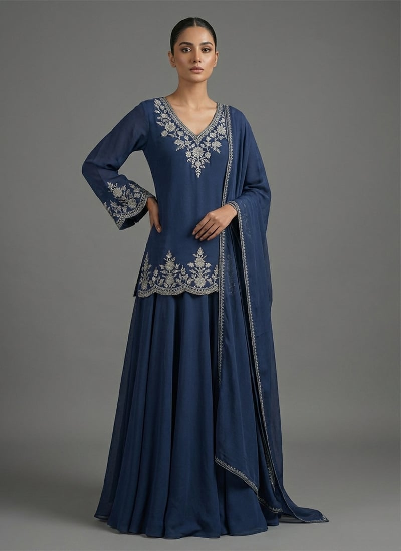 Blue Faux Georgette Zari Foil Embroidered A Line Lehenga Festive Wear