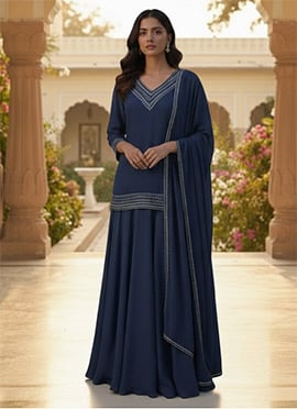 Blue Faux Georgette Zari Foil Embroidered A Line Lehenga