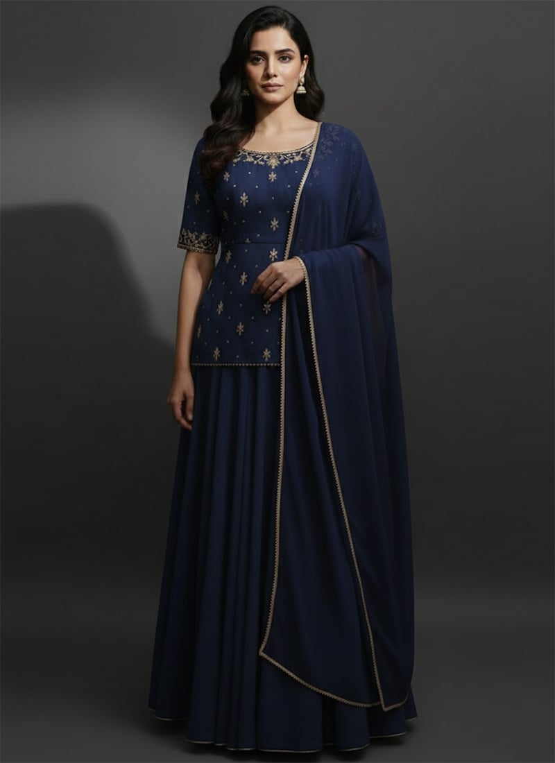 Blue Faux Georgette Zari Foil Embroidered A Line Lehenga Festive Wear