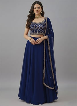 Blue Faux Georgette Zari Foil Embroidered Sequins Work Lehenga