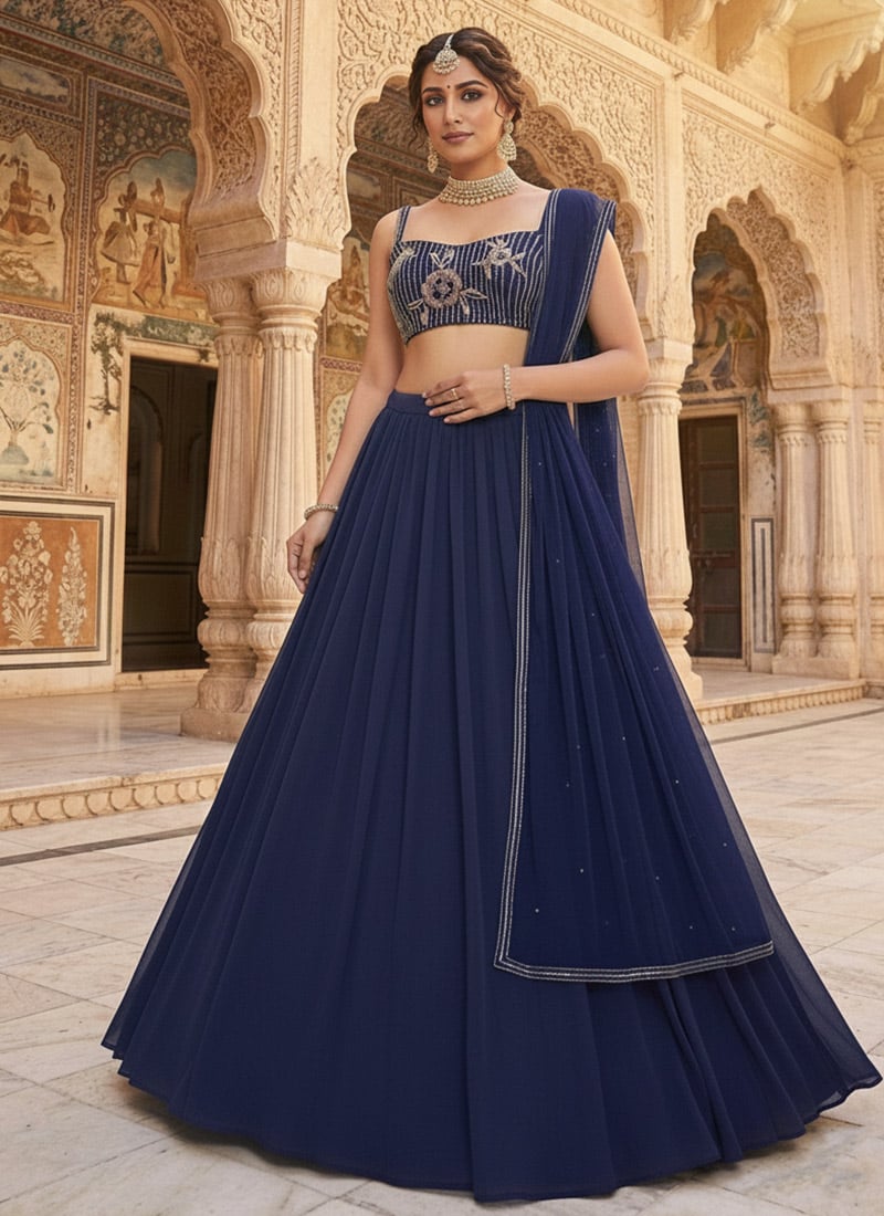 Blue Faux Georgette Zari Hand Embroidered Lehenga Wedding Wear