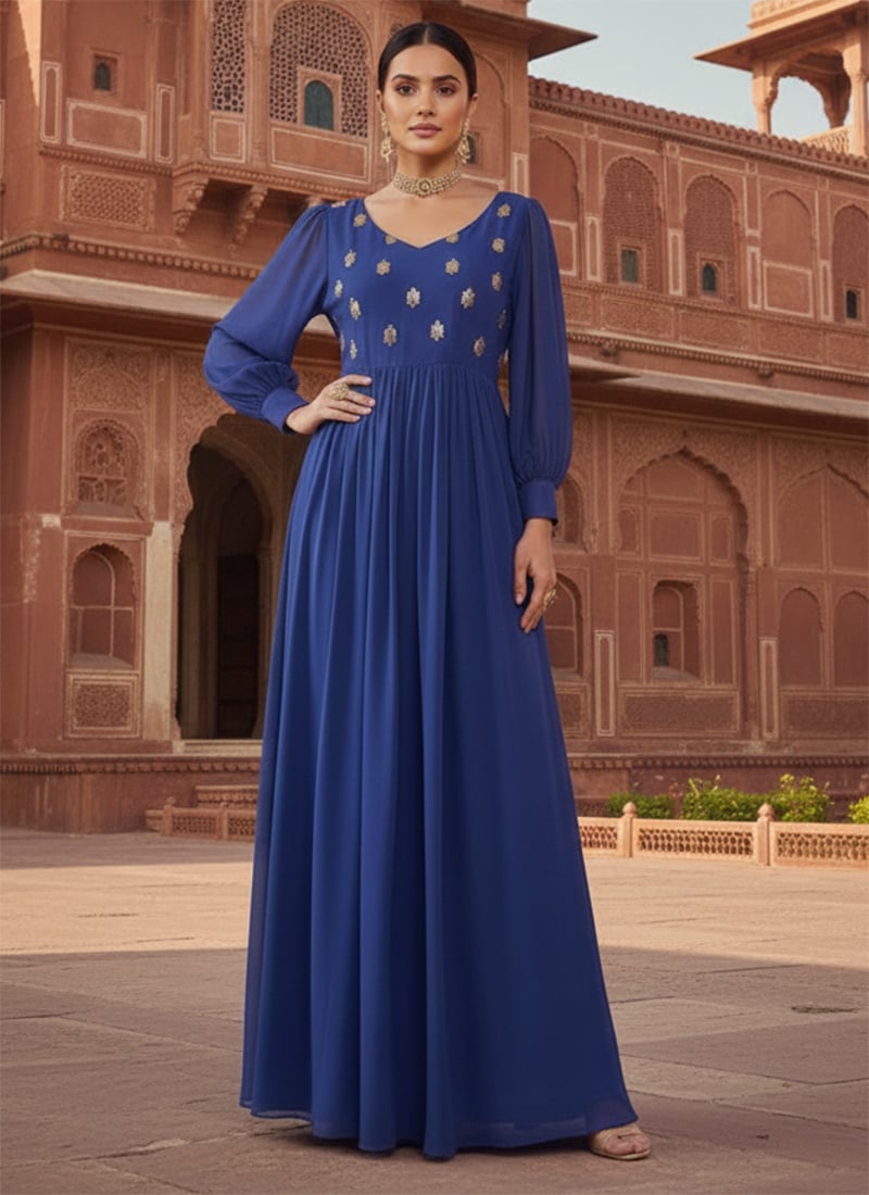 Blue Faux Georgette Zari Hand Embroidered Sequins Anarkali Gown Wedding Wear